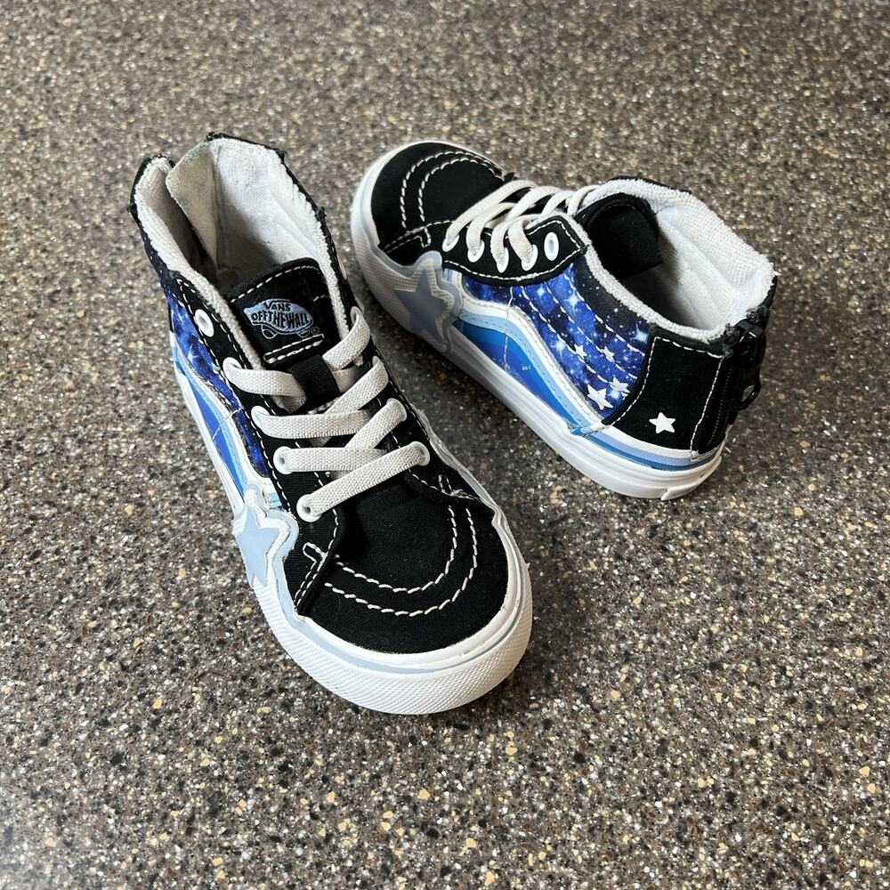 Vans Sk8-Hi Little Kids Toddler Size 8.5 Black Blue Stars Canvas Sneakers Zip Up